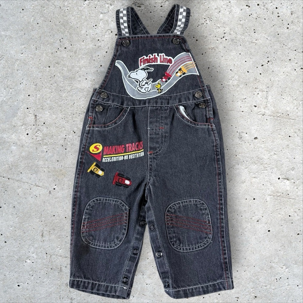 Vtg Peanuts Snoopy Racing Skate Denim Jean Jumper Overalls Pants Clothes Y2K 12m